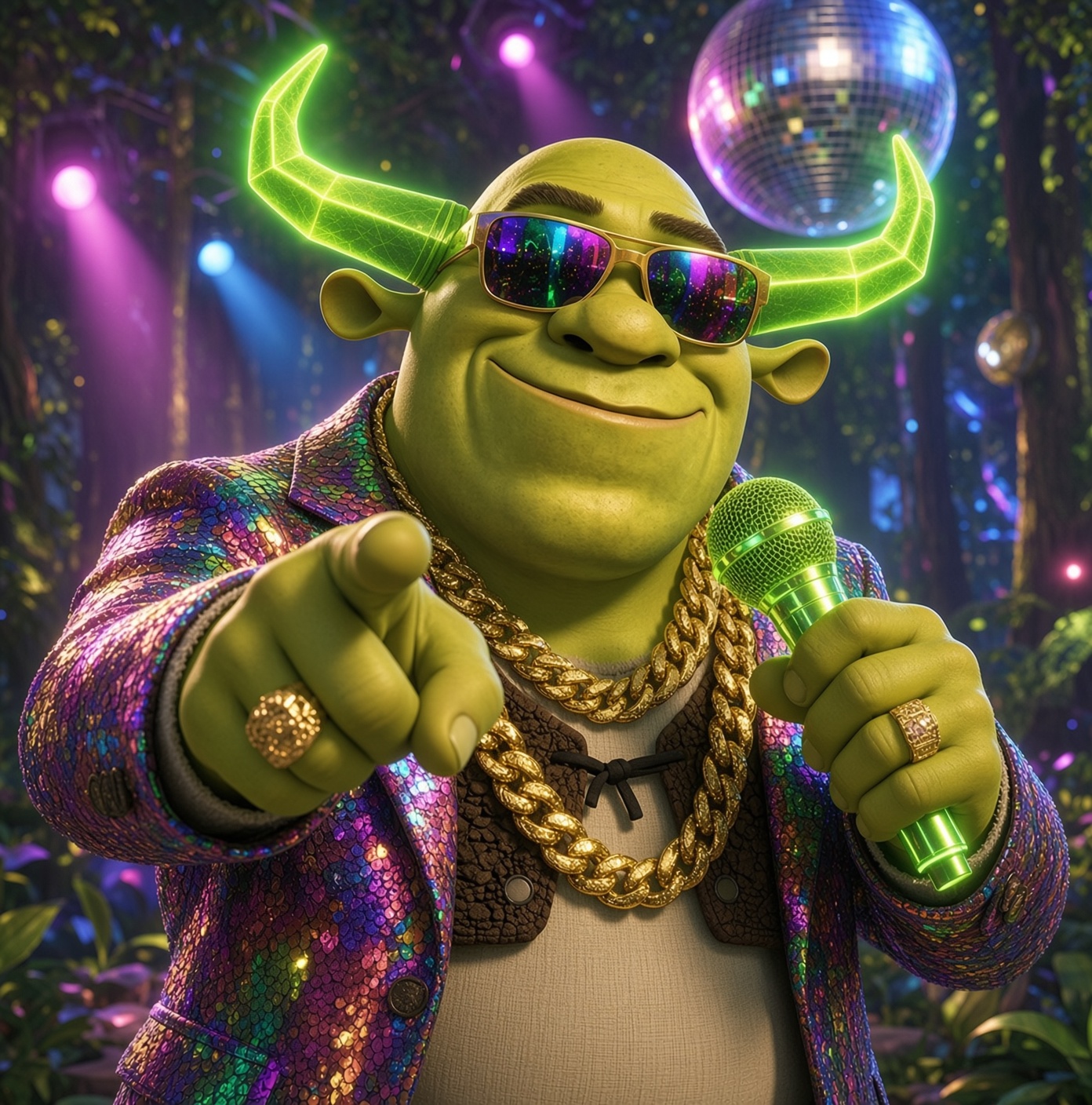 Green mic, gold chains
